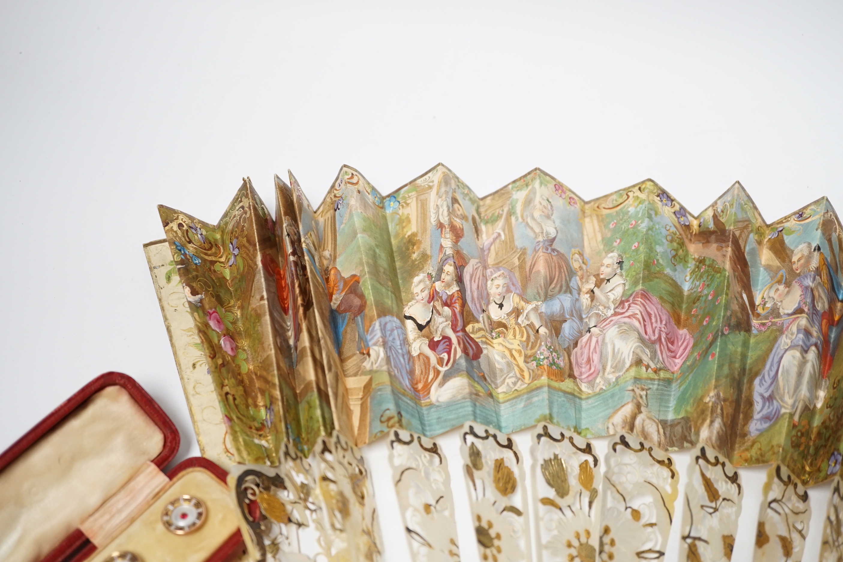 Cased enamel and paste dress studs, a French mother of pearl fan and Lorgnettes